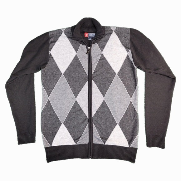 Cambridge Classic Argyle Preppy Black Gray Full Zip Light Sweater Men’s XL - Picture 1 of 8